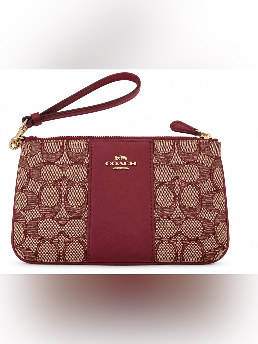 Coach Signature Stripe Wristlet Burgundy Jacquard Leather Gold Hardware